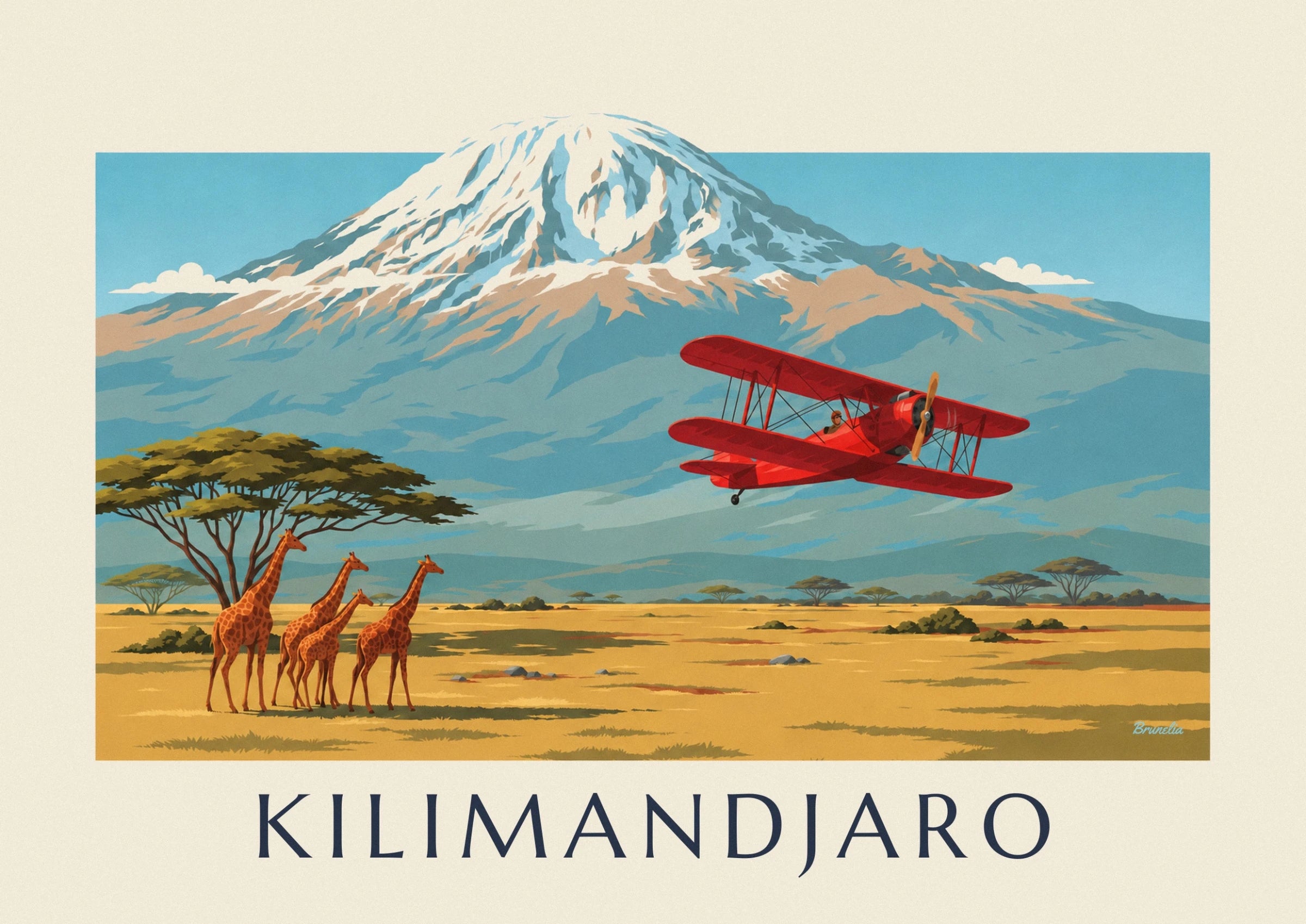 The red biplane and its pilot in front of the snow-covered slopes of Kilimandjaro