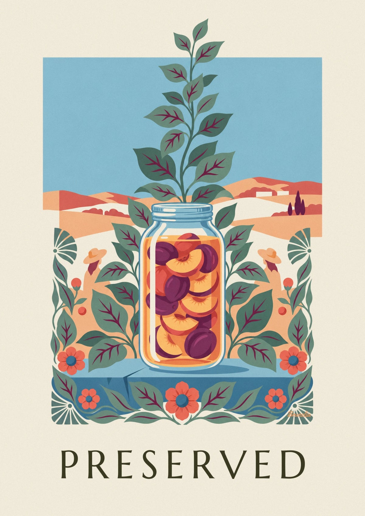 Preserved fruit jar and foliage decor poster