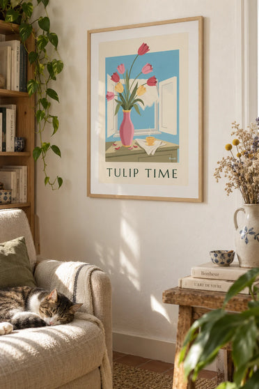 Poster of a bouquet of tulips in a ceramic vase: framed on the wall