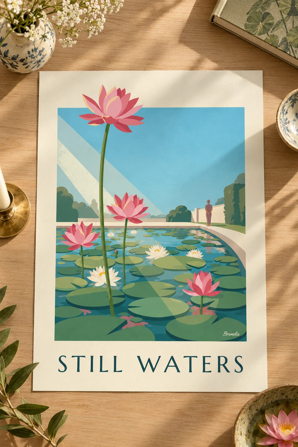Bedroom: Water lily pond and pink lotus flowers poster on the wall