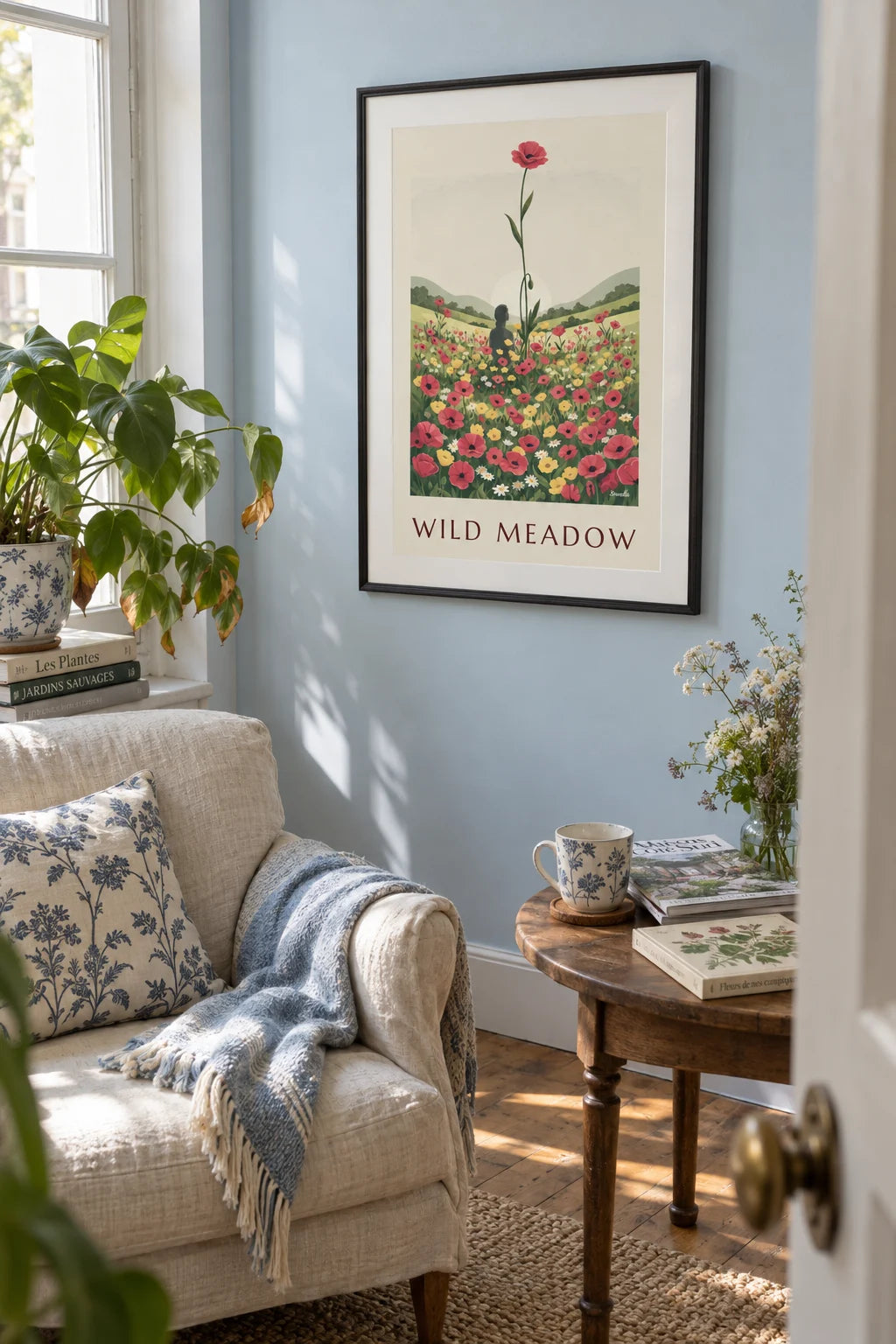Mise en situation de Affiche prairie de coquelicots et fleurs sauvages au soleil