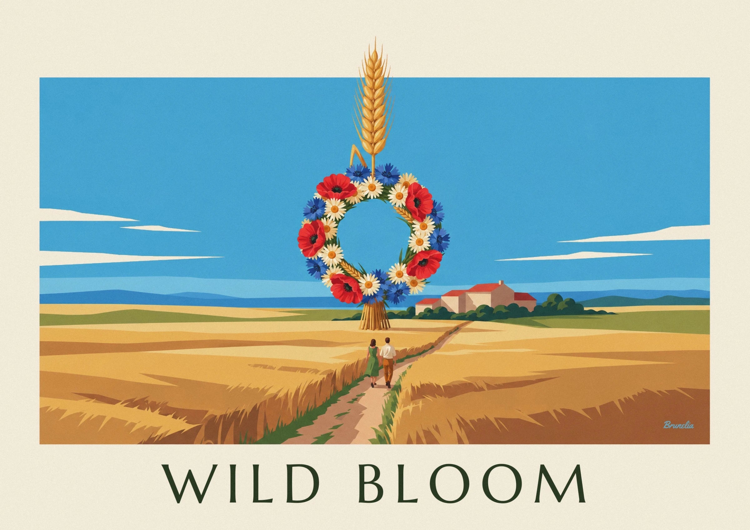 The wreath of poppies, daisies and cornflowers, tied to its sheaf of wheat
