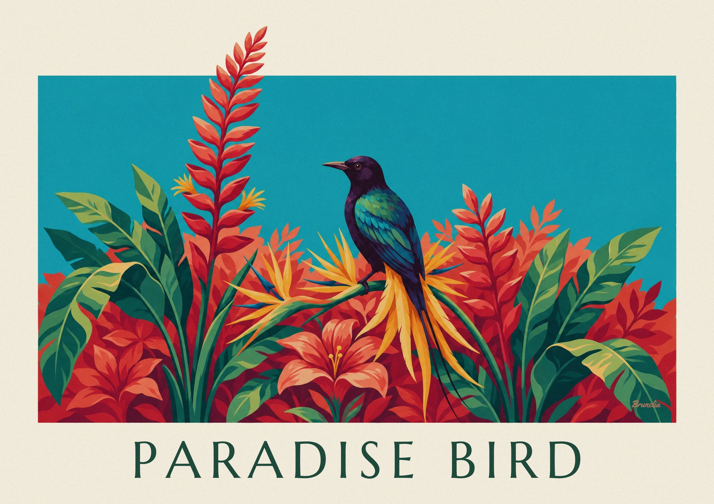 Bird of paradise among tropical flowers poster: close-up detail