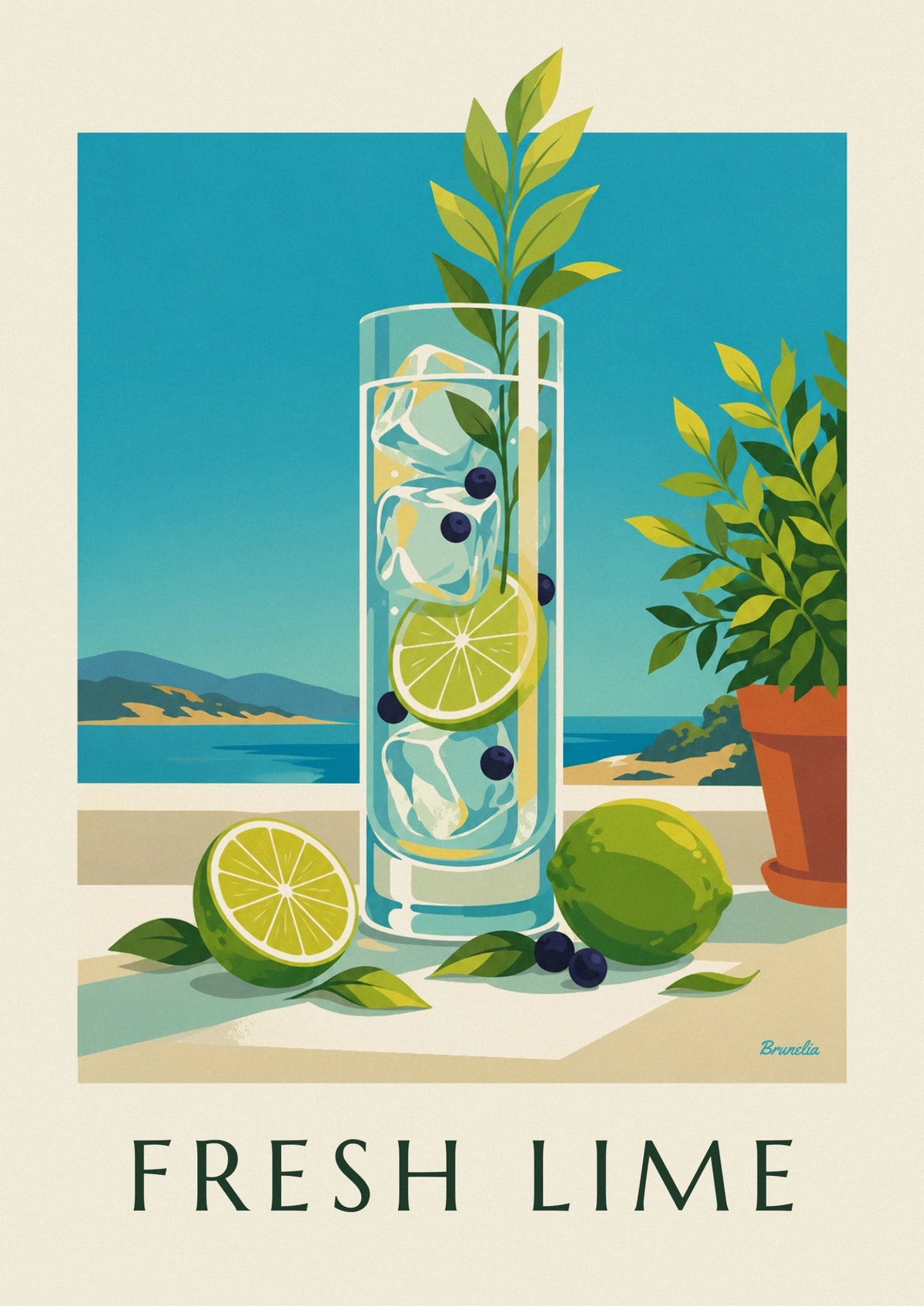 Gin and tonic with lime and juniper berries poster