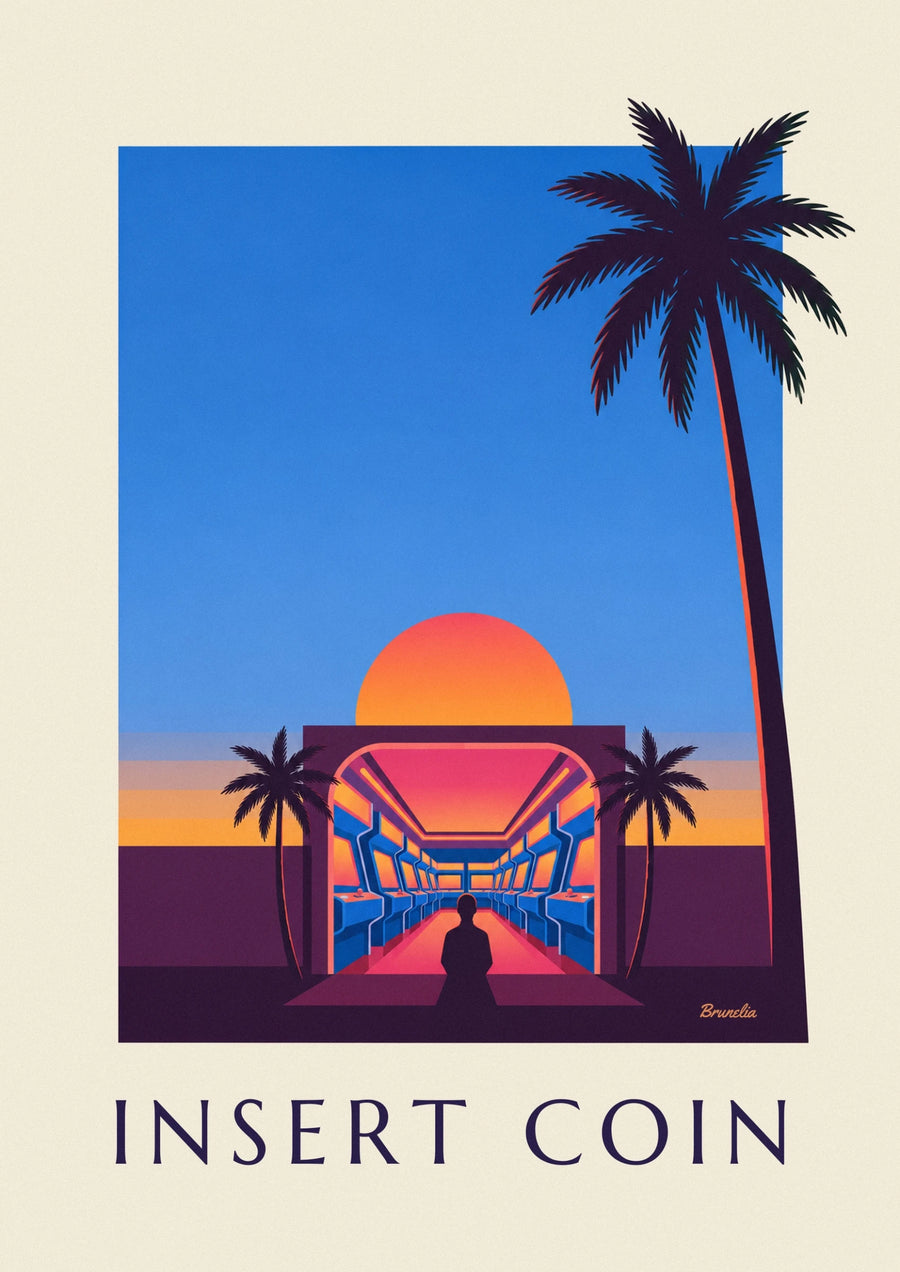 Neon arcade and setting sun poster