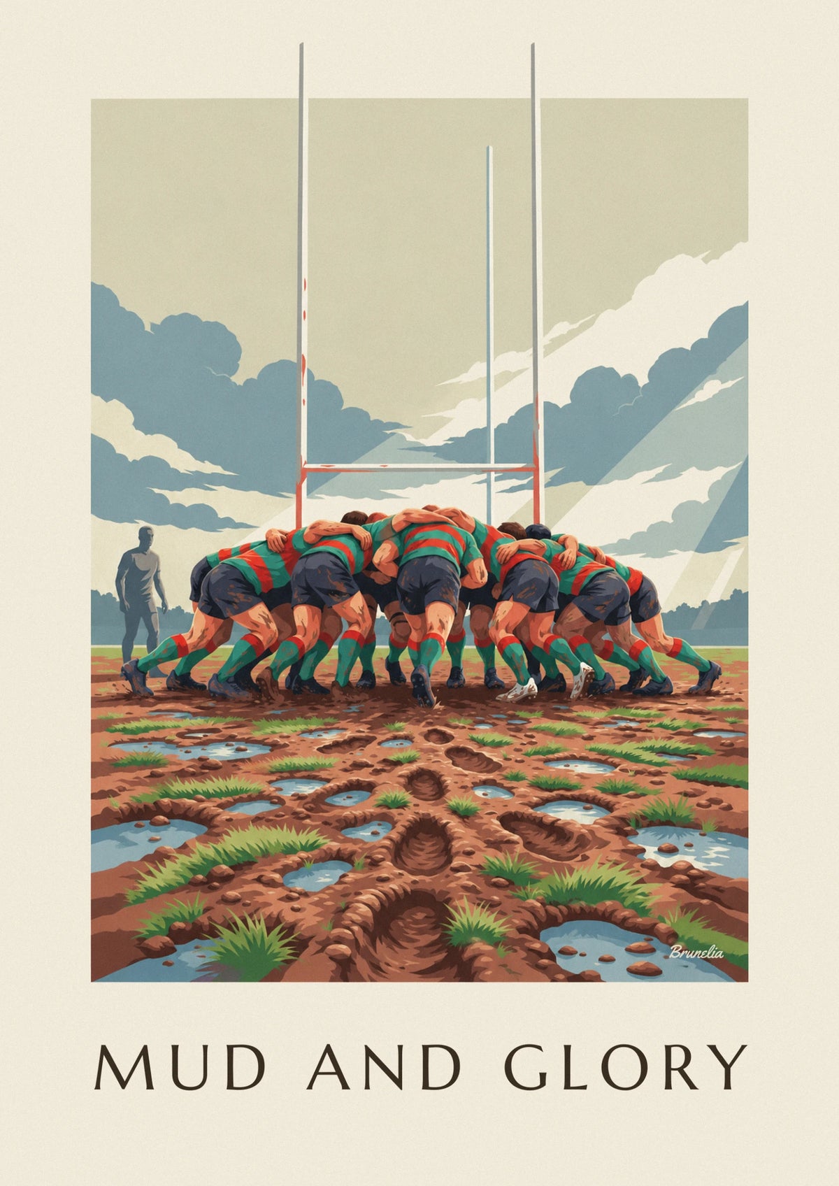 Affiche mêlée de rugby dans la boue sous un ciel de pluie