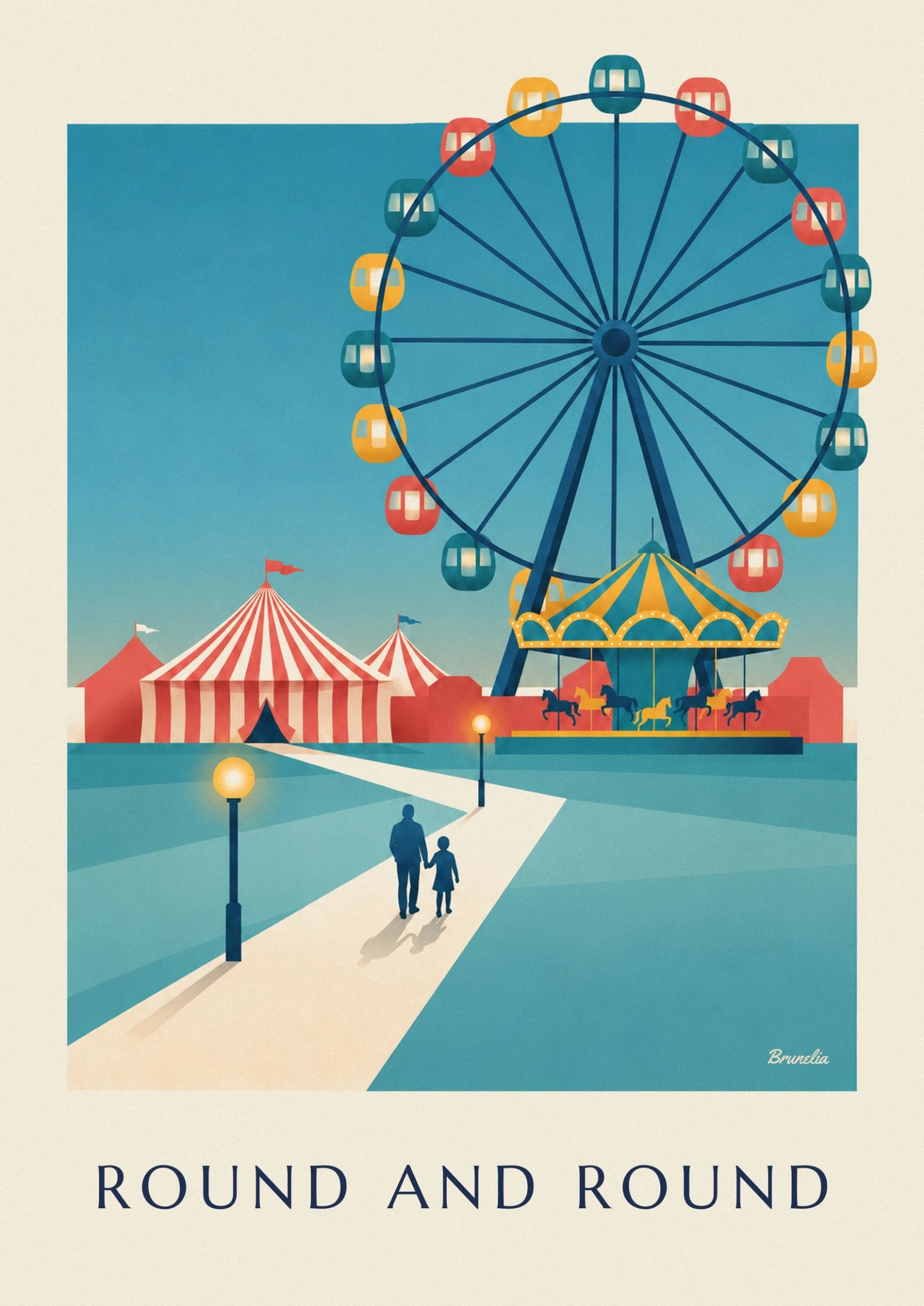 La grande roue aux nacelles rouges, jaunes et turquoise au-dessus du manège