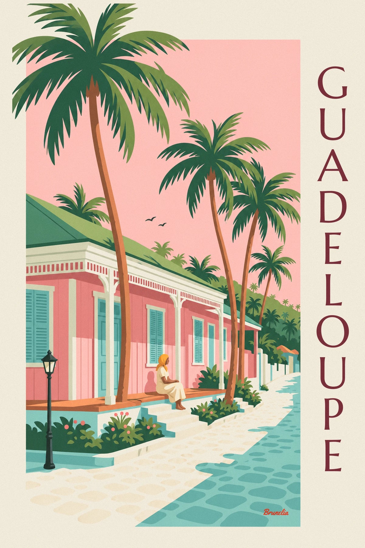 Pink Creole house and coconut palms Guadeloupe poster