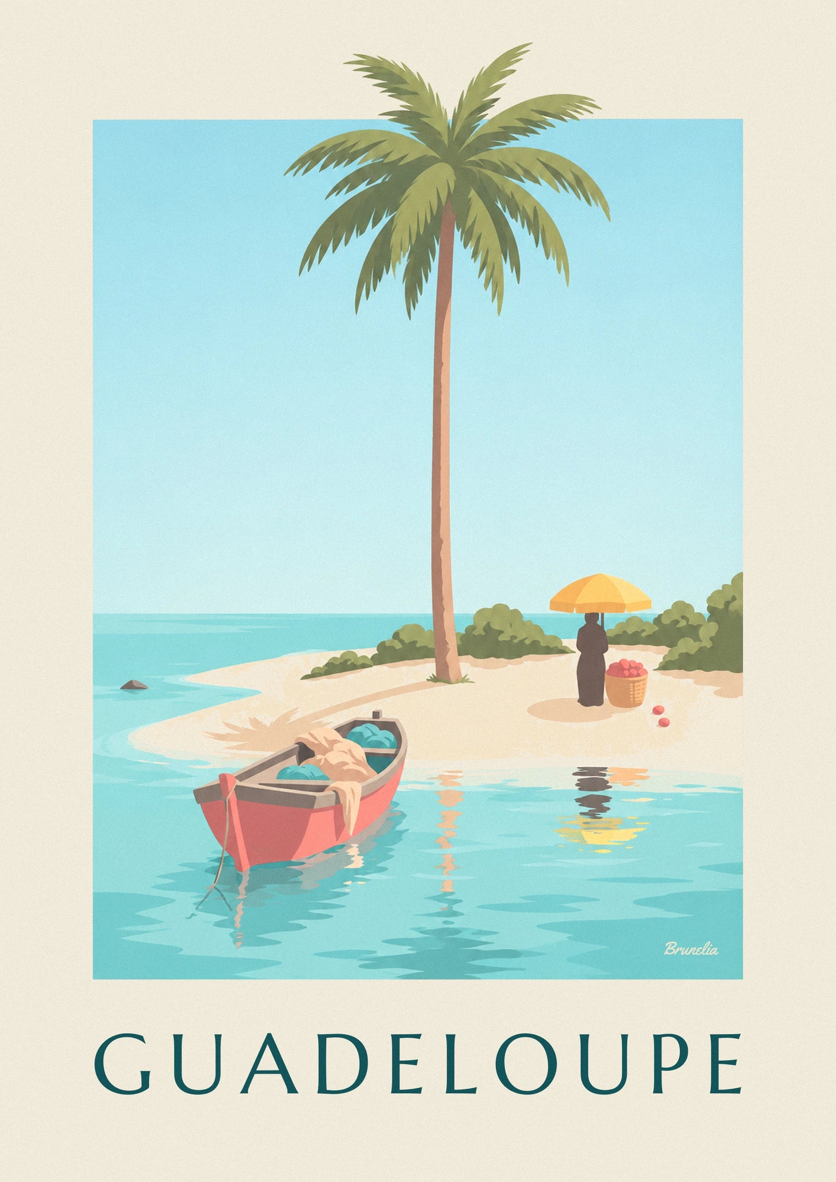 The woman in a dark dress beneath her yellow parasol, near a basket of red fruit on the sand