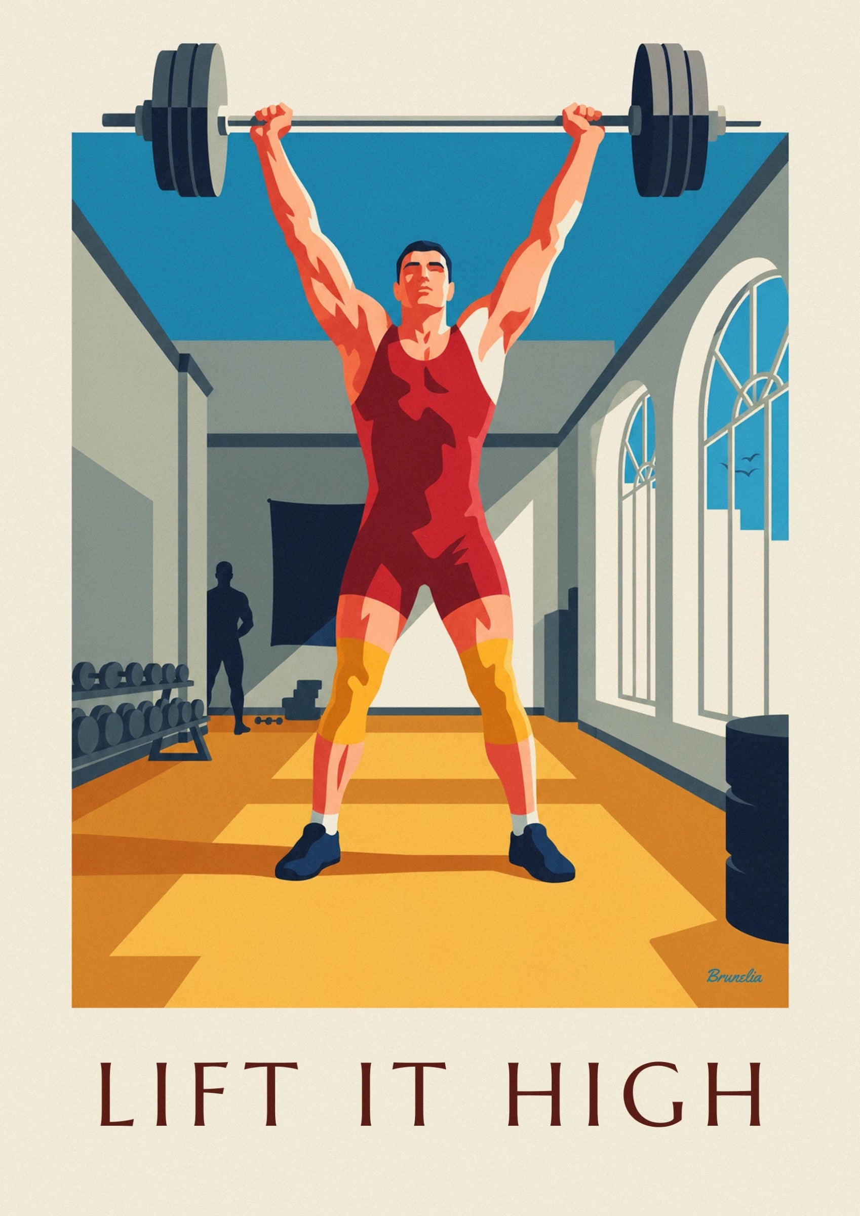 The hand gripping the bar loaded with dark weight plates against a blue background