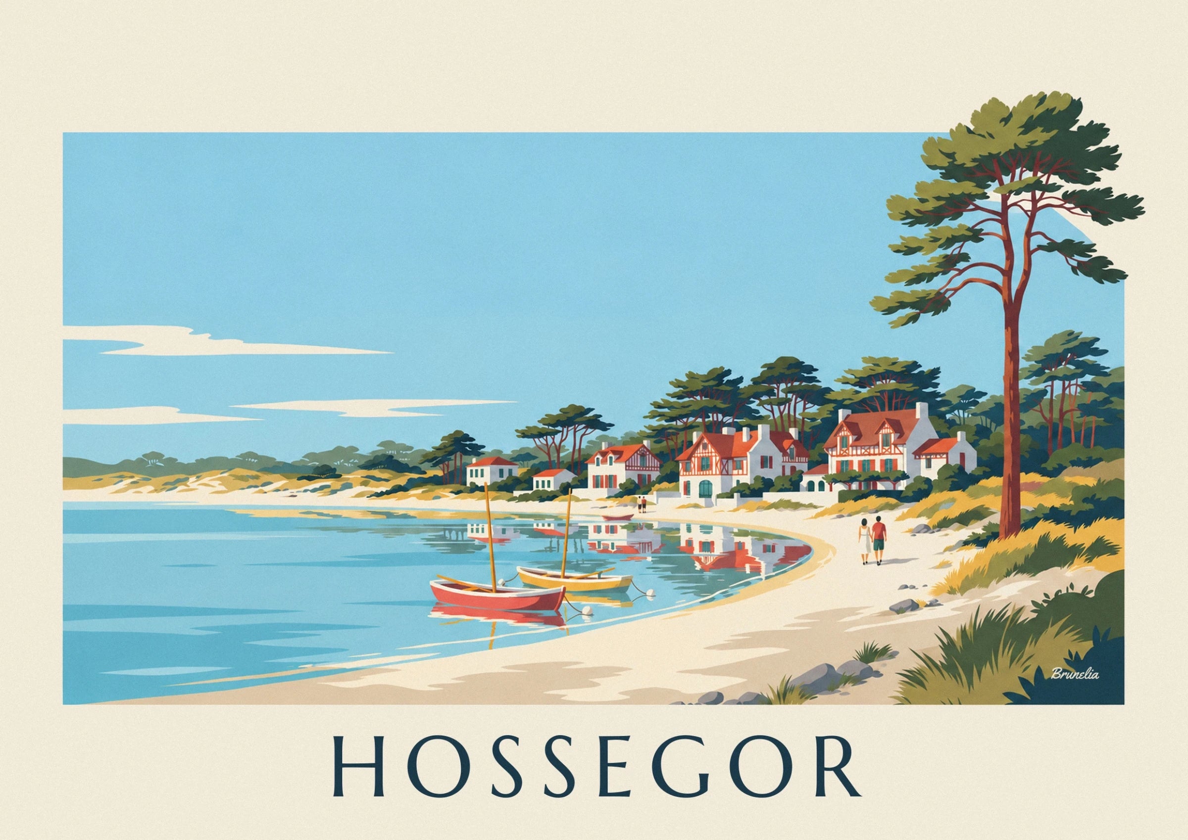 Les villas aux colombages rouges et un couple sur la plage du lac d’Hossegor