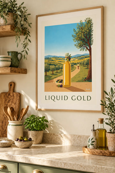 Extra virgin olive oil and olives poster : framed on the wall