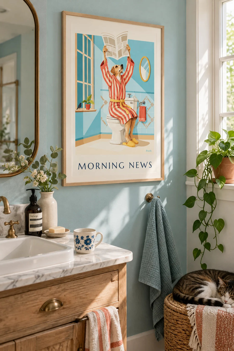 Affiche chien en peignoir lisant le journal aux toilettes : encadrée au mur