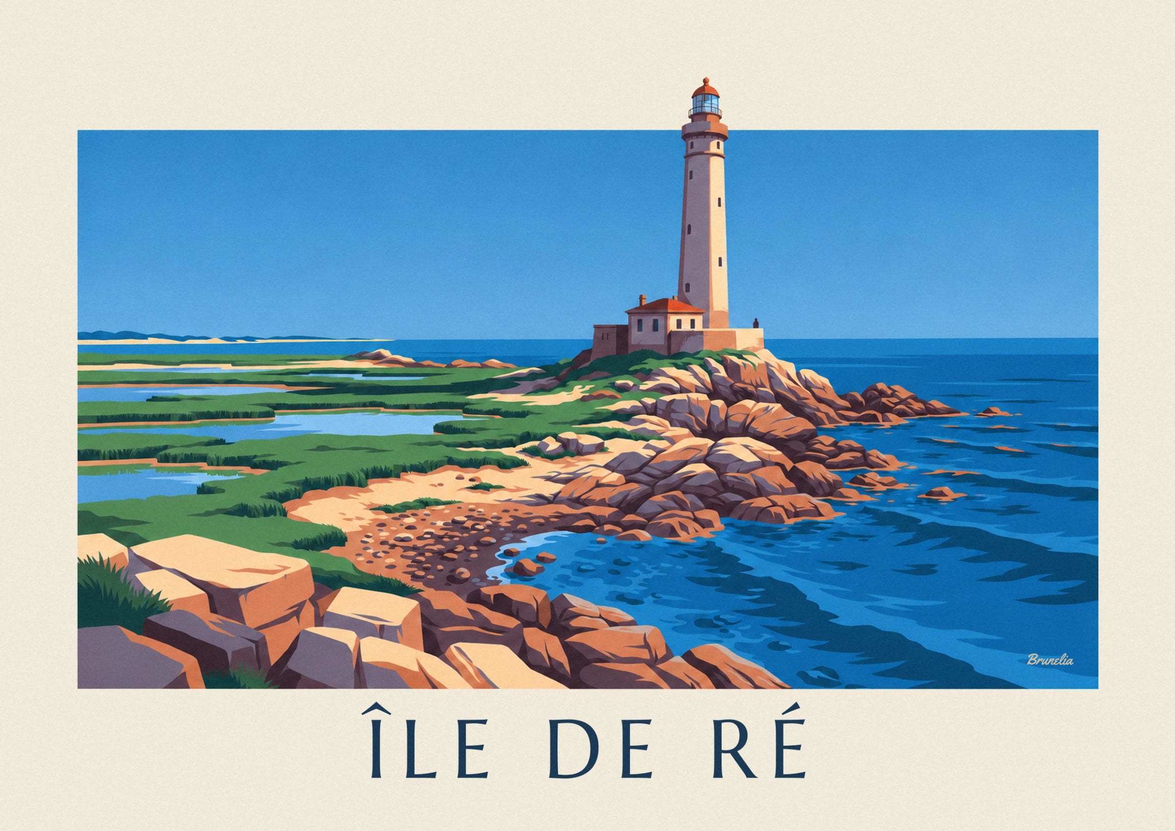 Le phare en pierre claire et sa maison au toit orange, perchés sur les rochers