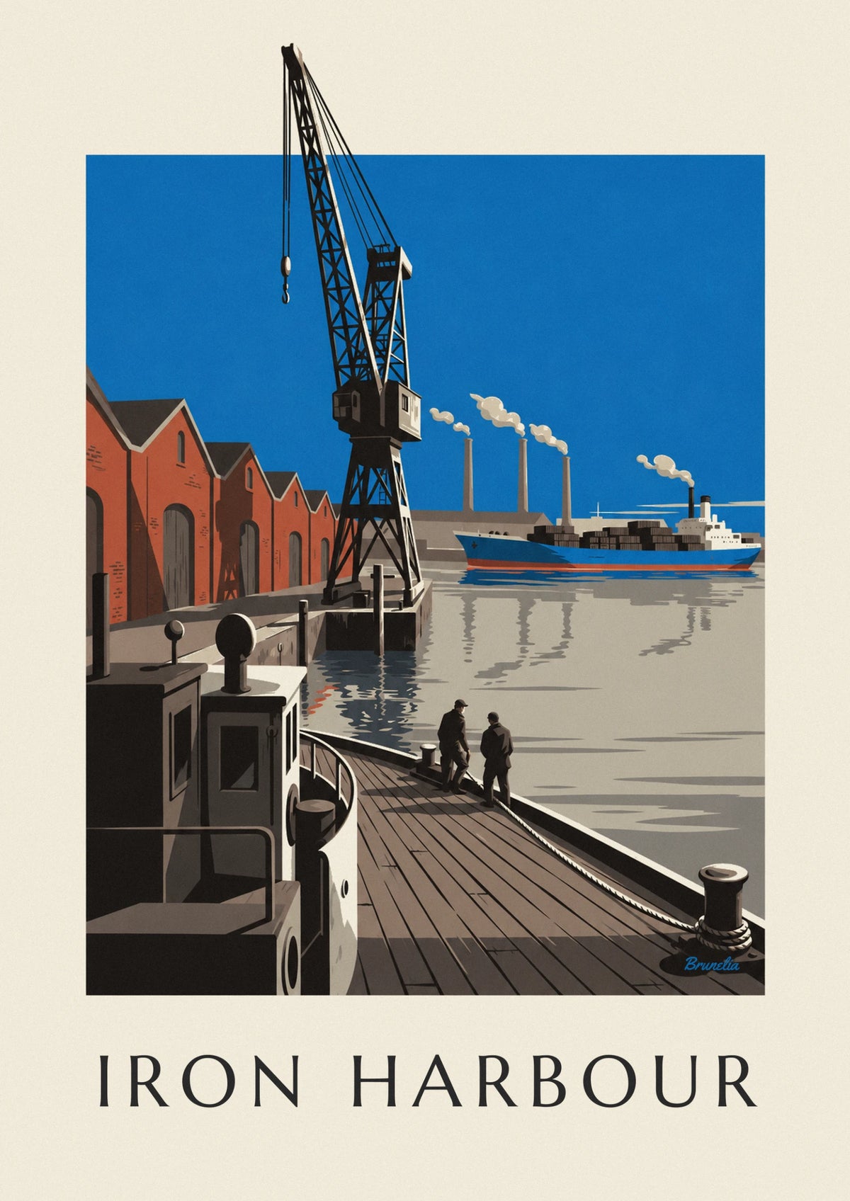 Industrial harbor with crane, cargo ship and factory chimneys poster