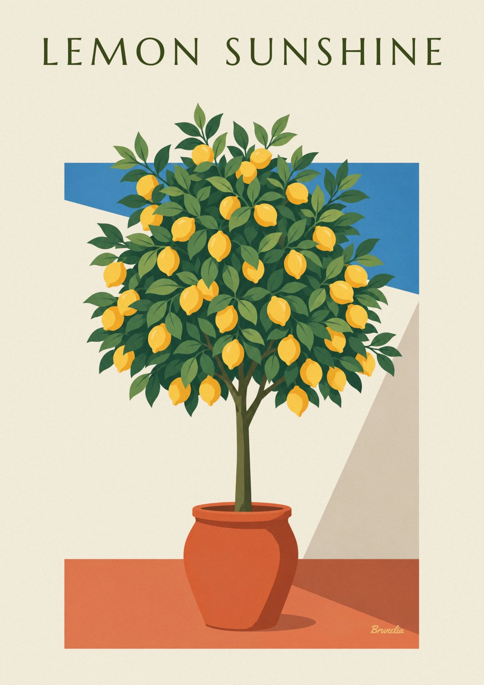 Yellow lemons among dense foliage in front of a strip of blue sky