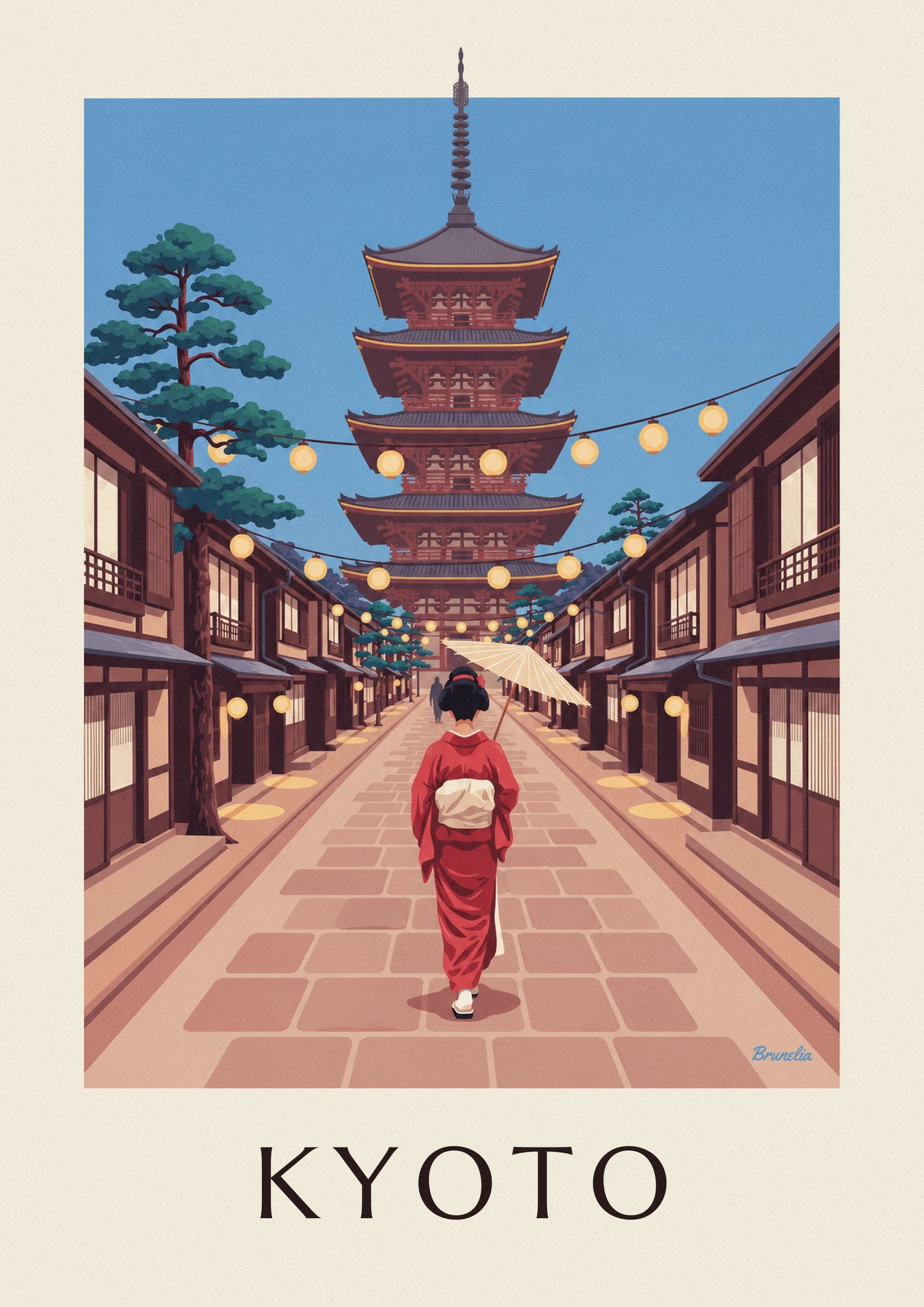 La geisha en kimono rouge et obi crème, de dos, son ombrelle ouverte dans la rue pavée