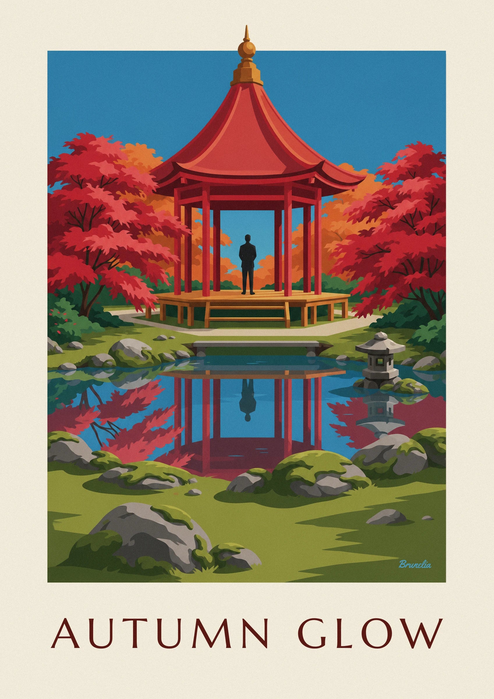A figure beneath the red pavilion, surrounded by maples in autumn colours