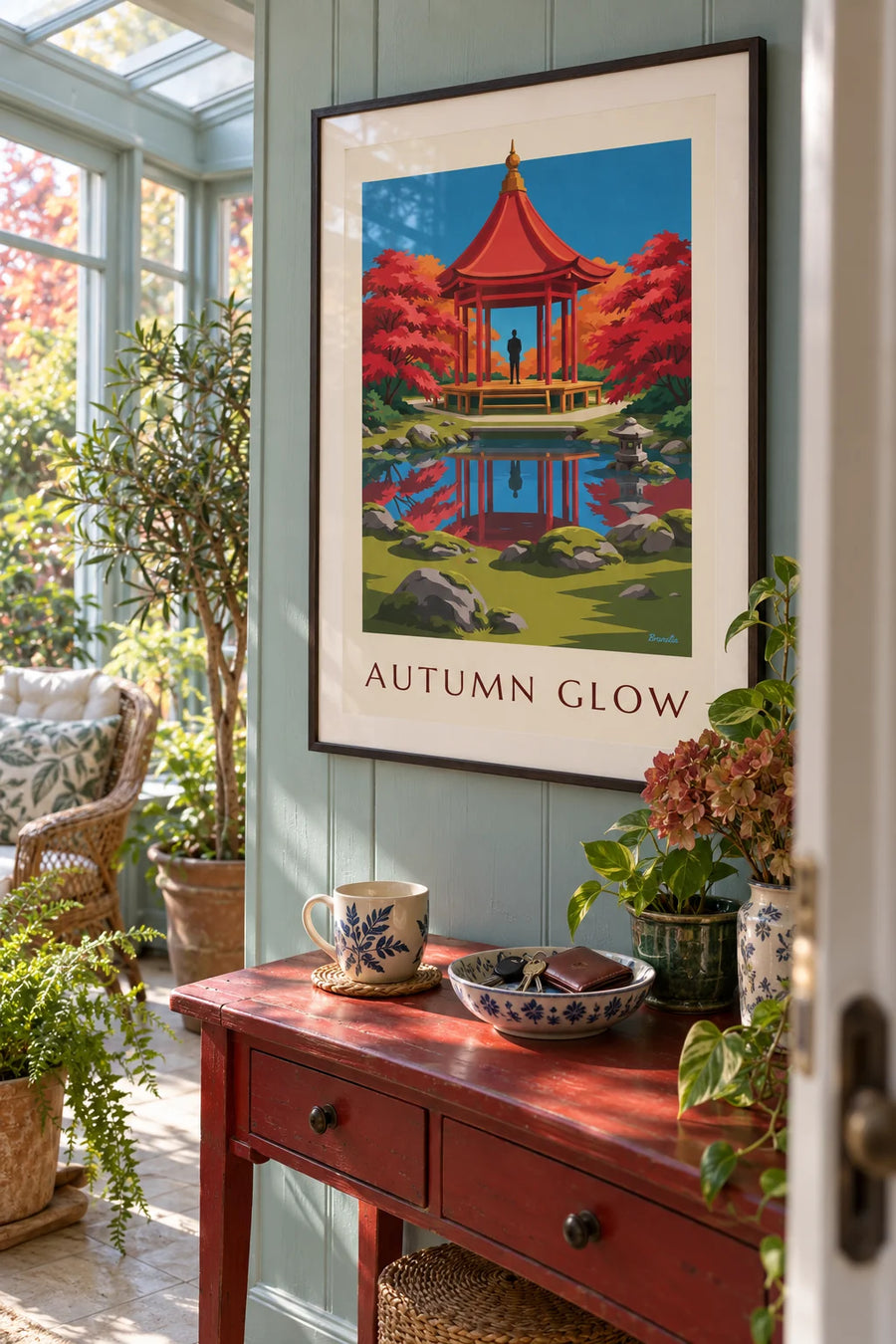 Poster of a red pavilion and autumn maples in a Japanese garden: framed on the wall