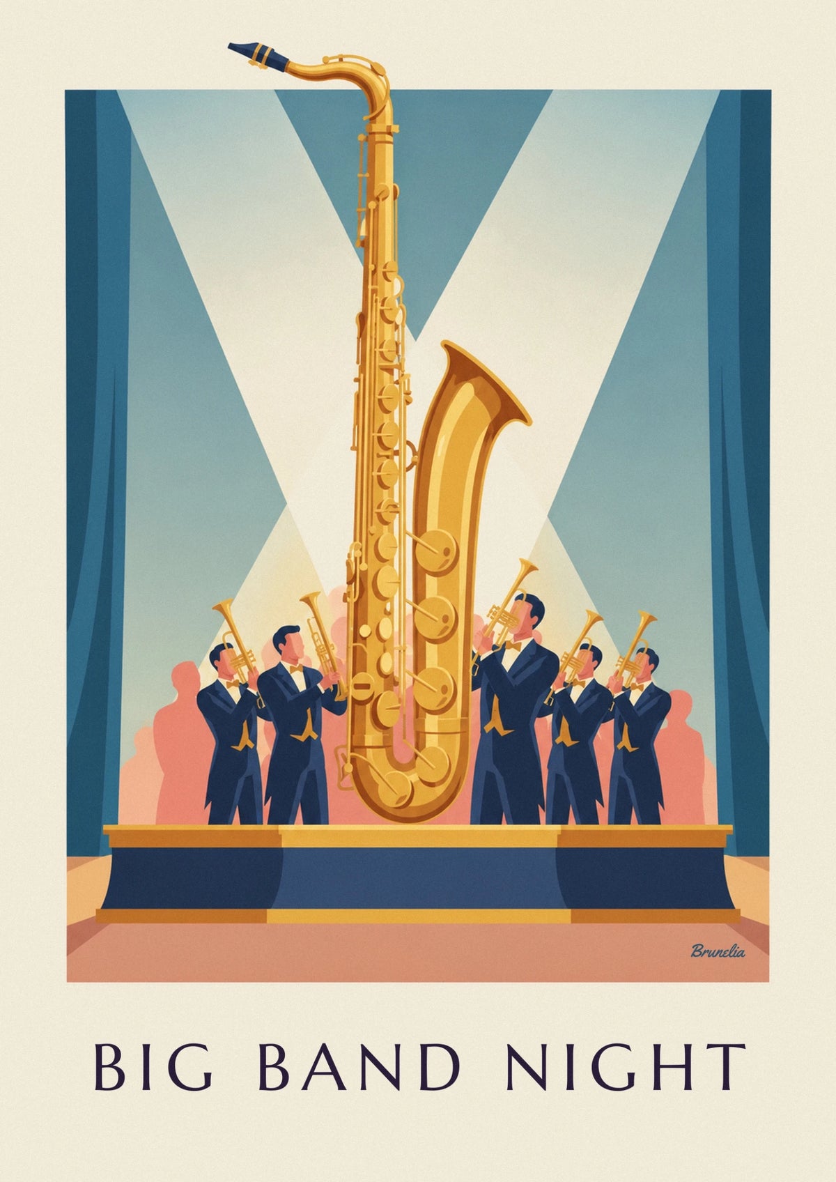 Big band night and golden saxophone on stage poster