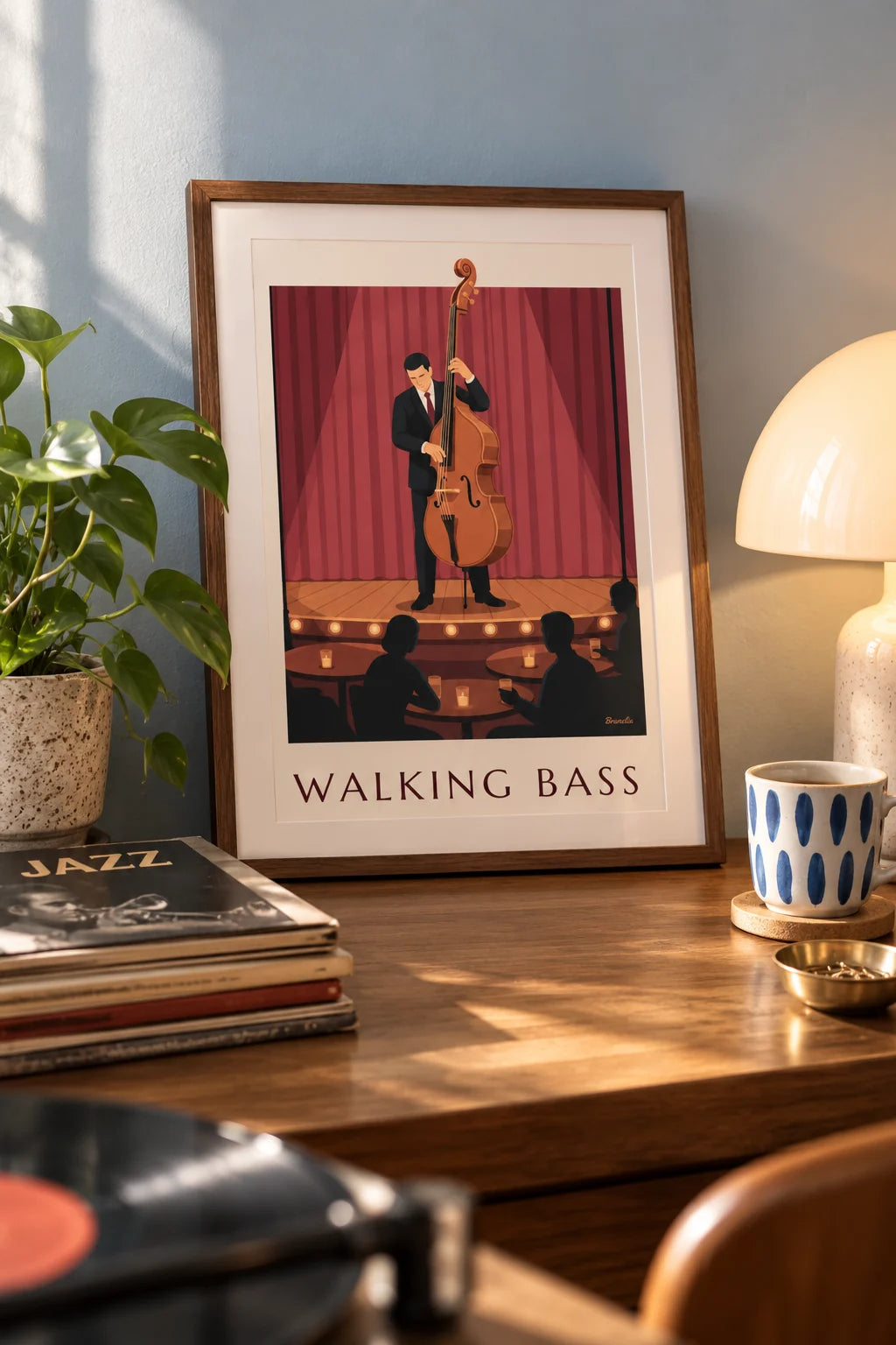 Living room: Jazz double bassist on stage before red curtain poster on the wall