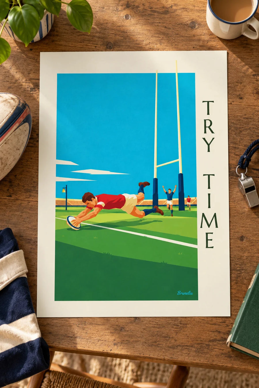 Poster of a rugby player diving to score a try: on a table
