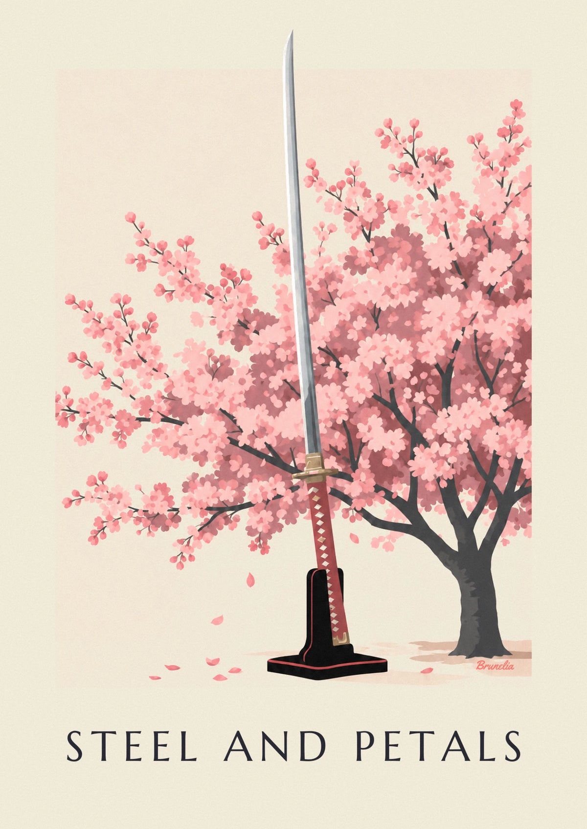 Affiche sabre katana et cerisiers japonais en fleurs