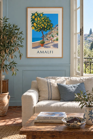 Affiche citrons et village de la côte amalfitaine : encadrée au mur