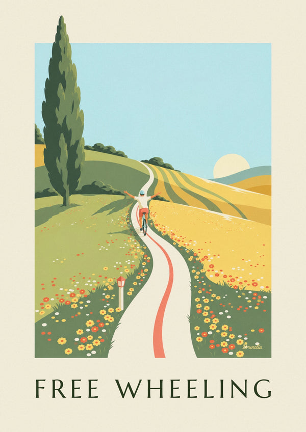 Cyclist with open arms on a flowery hill road poster