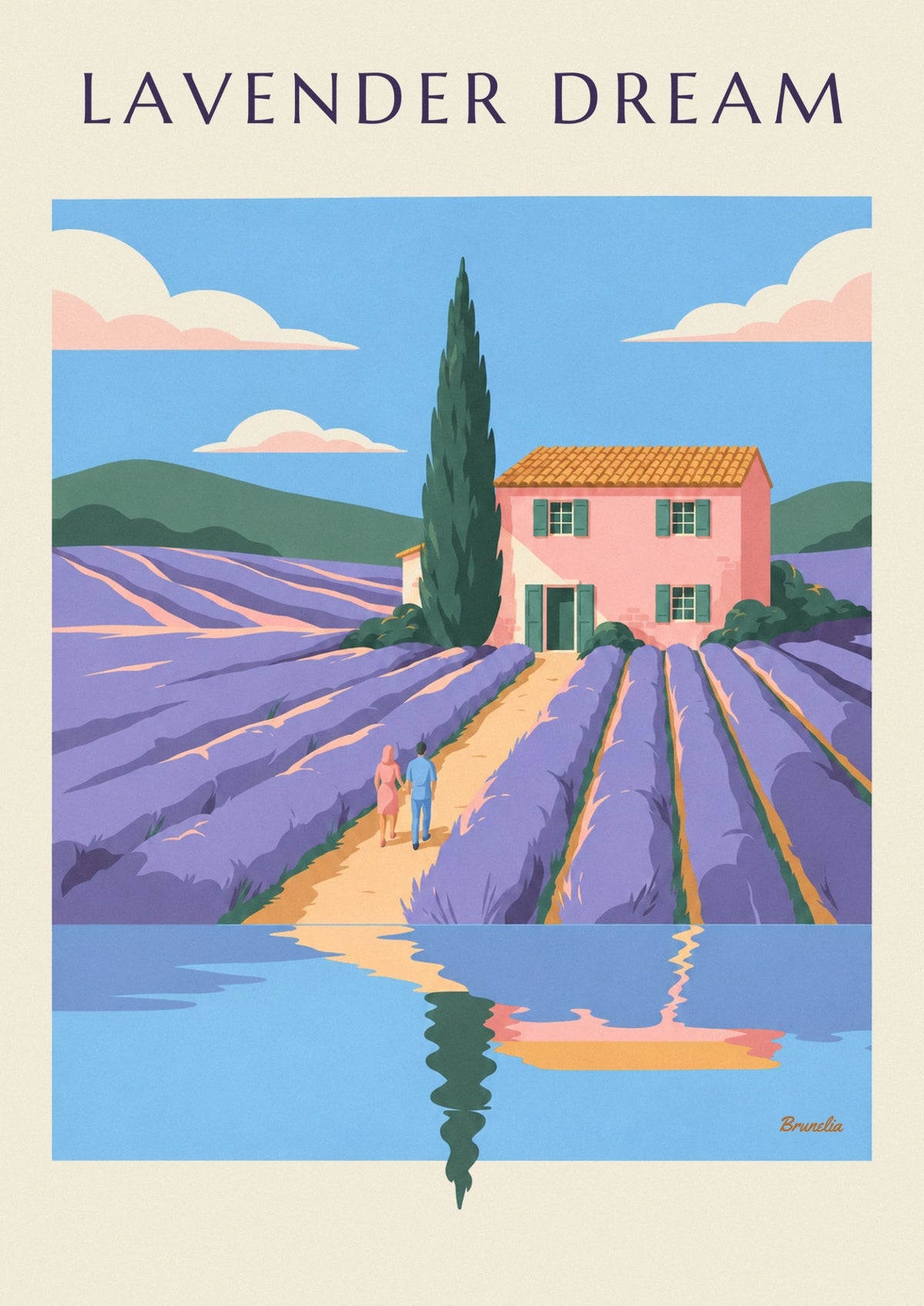 Pink house and lavender field in Provence poster