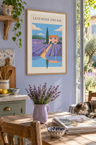 Affiche maison rose et champ de lavande en Provence : encadrée au mur