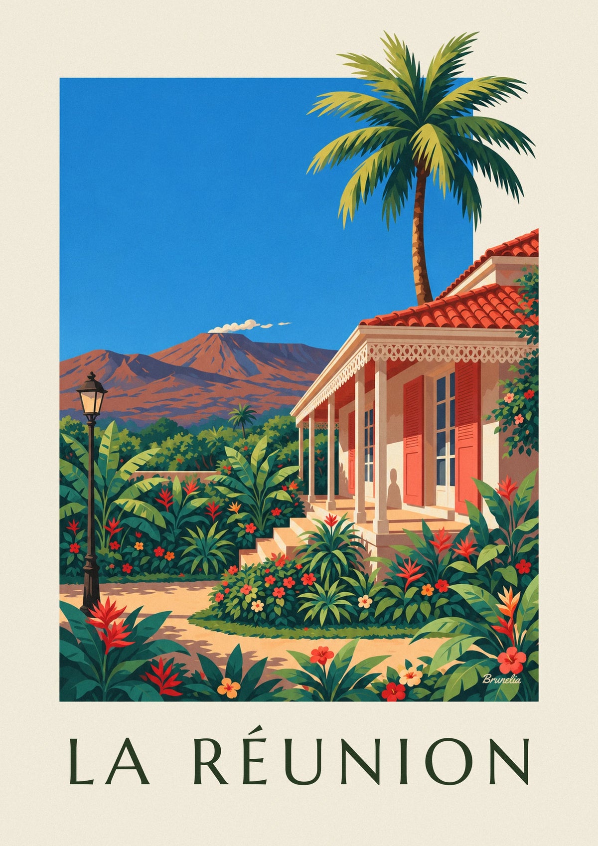 Réunion Island Creole house and Piton de la Fournaise poster