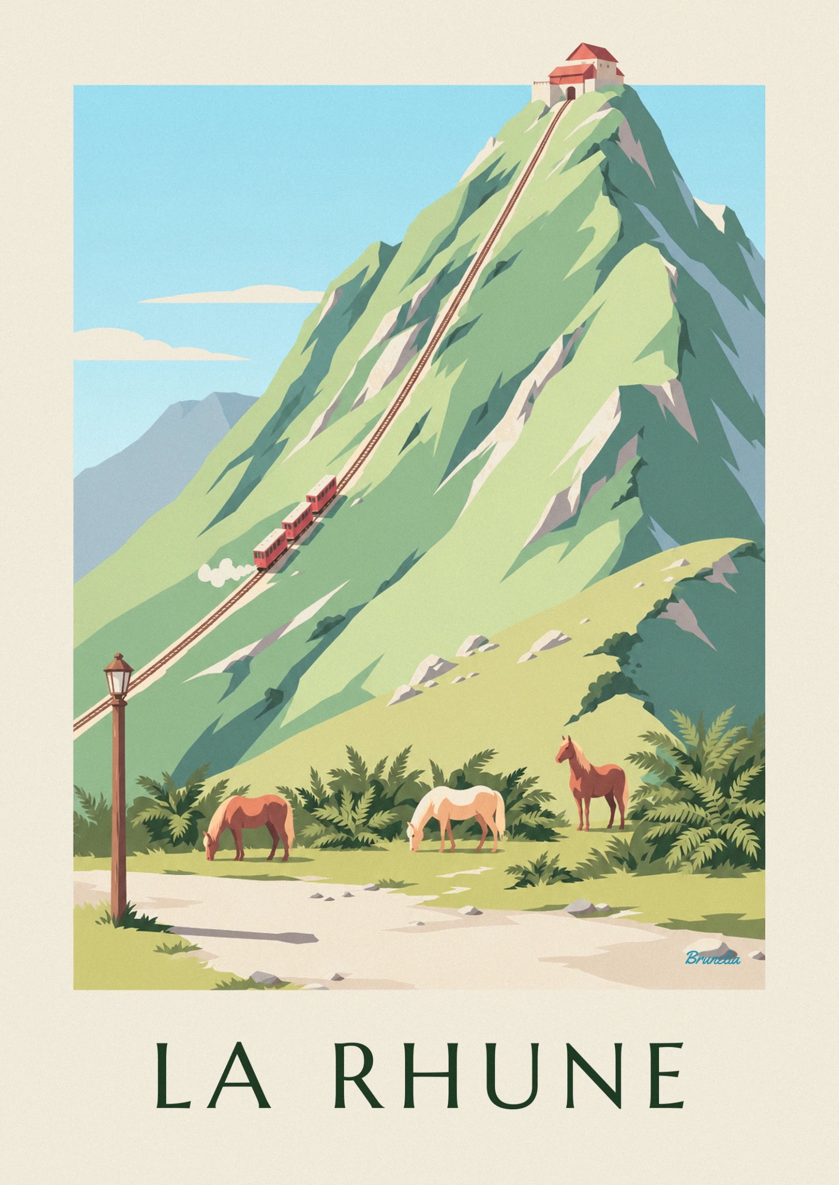 Le petit train rouge à 3 wagons qui grimpe la pente, sa fumée blanche derrière lui