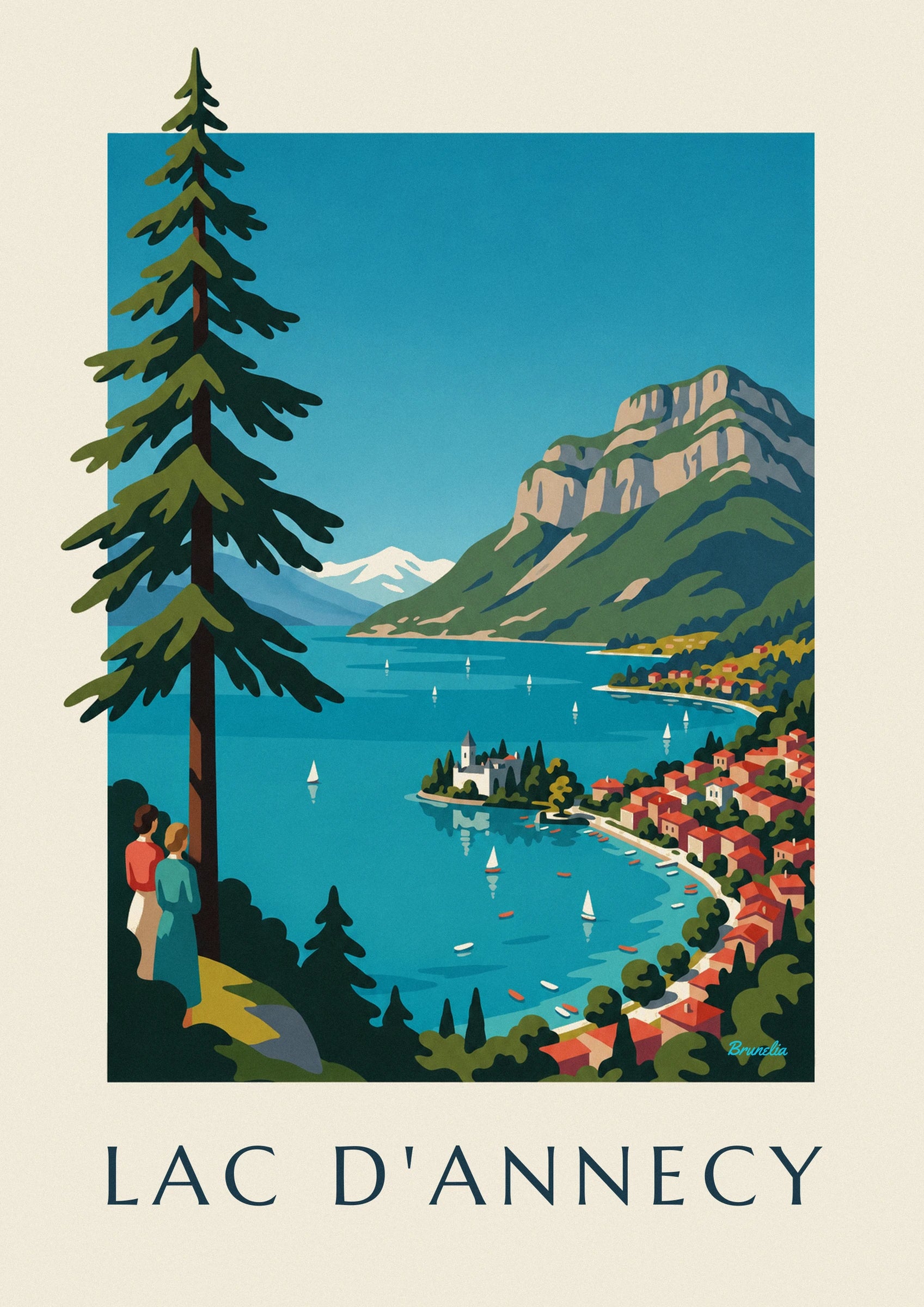 Lake Annecy, sailboats and the Tournette poster: close-up detail