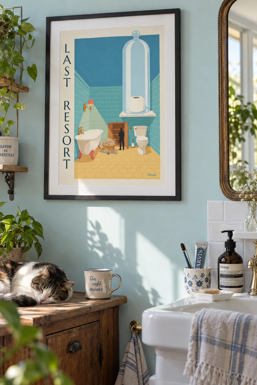 Funny poster of the last toilet paper roll under a glass dome: framed on the wall