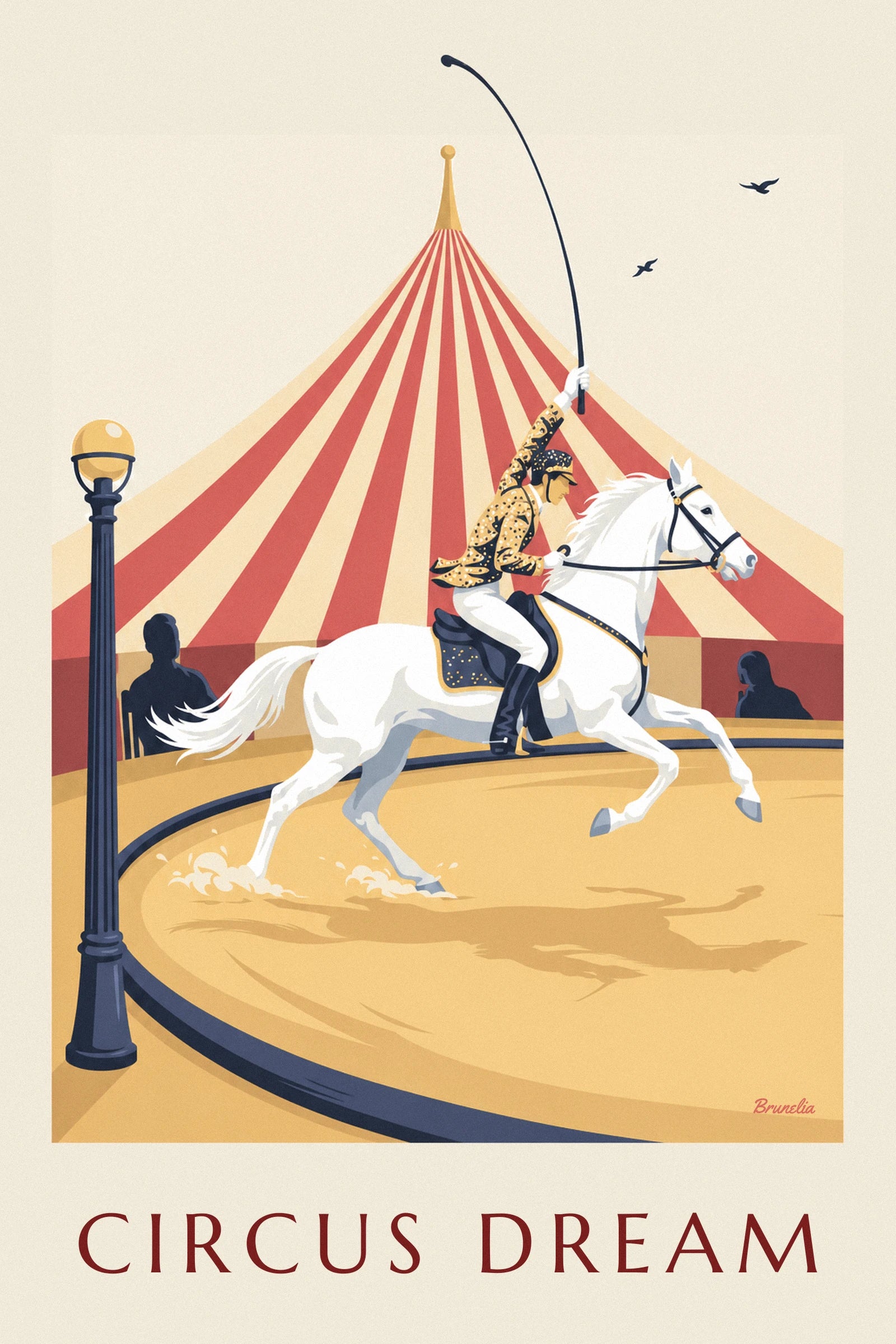 The horsewoman in a glittering gold jacket, whip raised, on her galloping white horse