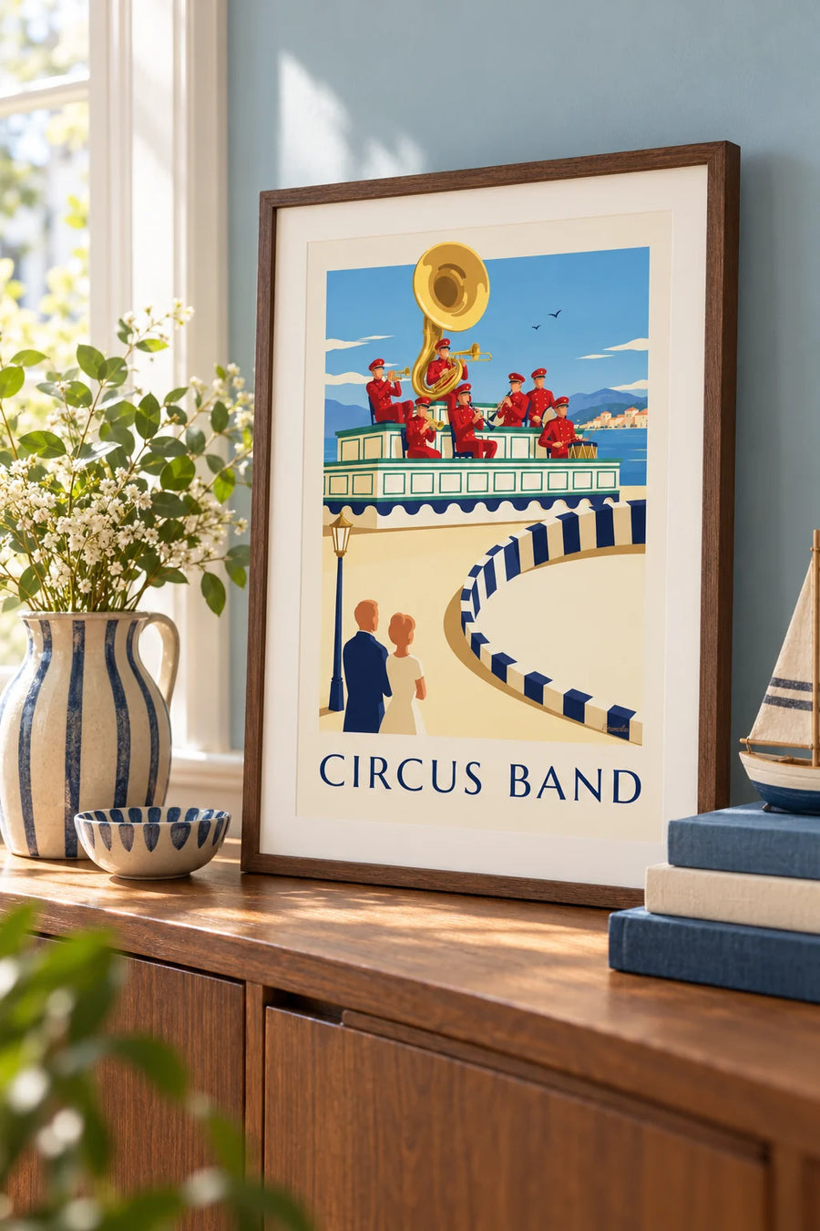 Affiche orchestre du cirque jouant sur son estrade décorée : petit format A4 encadré