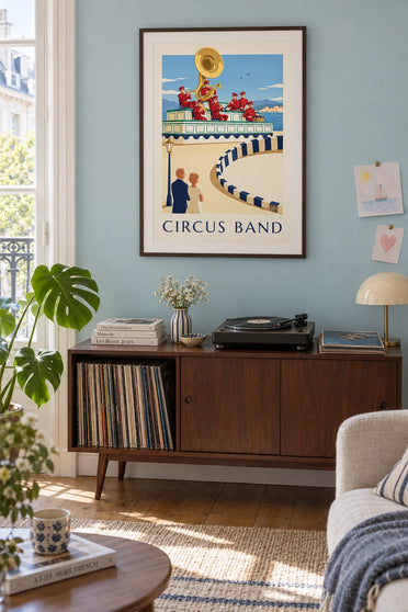 Poster of a circus orchestra playing on its decorated bandstand: framed on the wall
