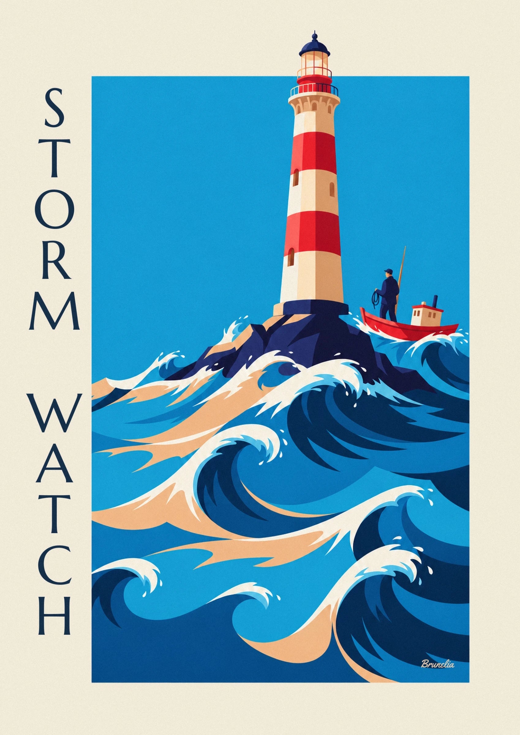 Le phare à bandes rouges et crème, avec un marin près d'une barque rouge