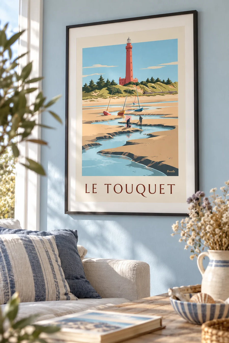 Poster of the Le Touquet lighthouse and shore fishermen in the Bay of Canche: framed on the wall