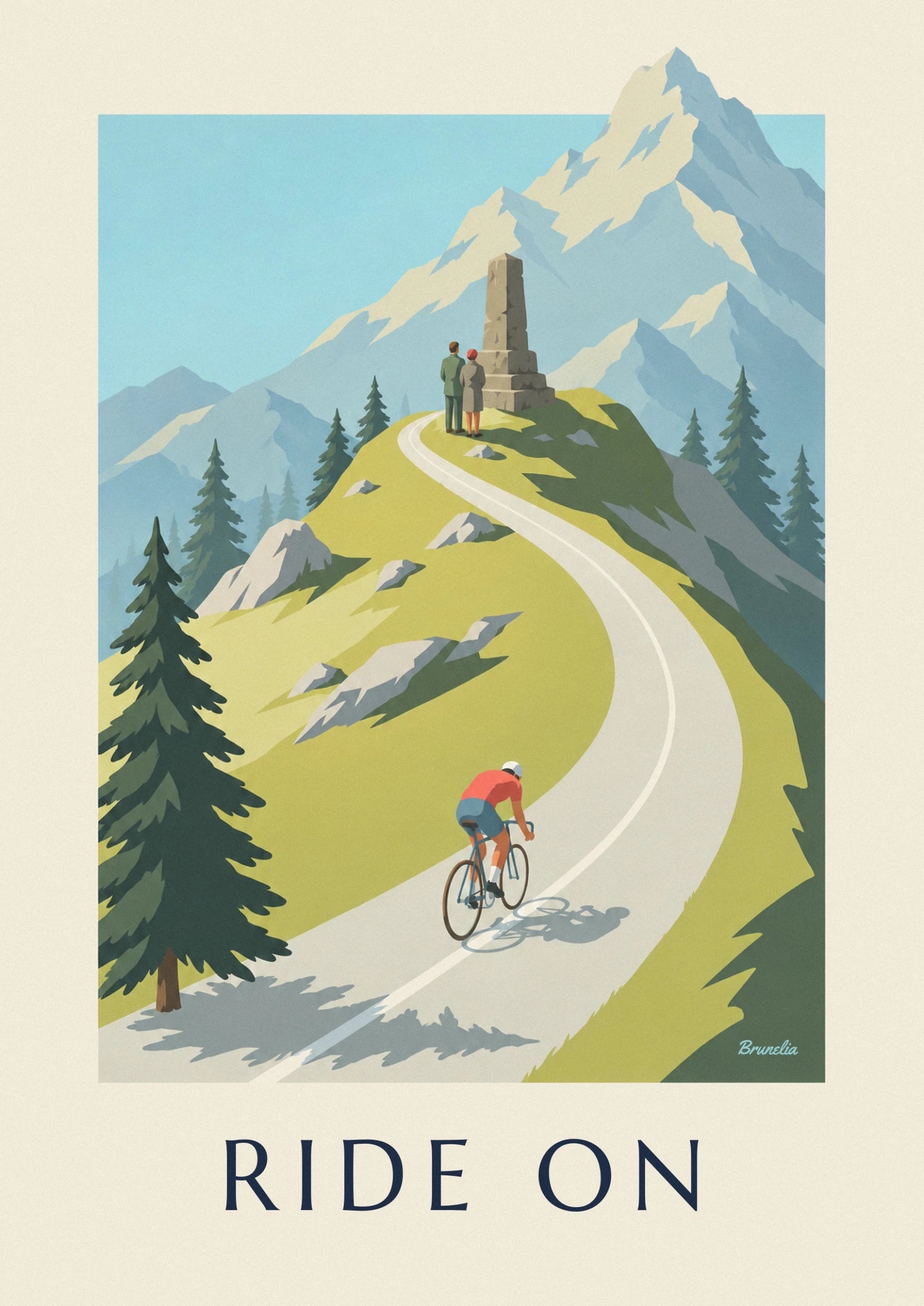 The cyclist in a red jersey and their bike on the mountain pass road, with their cast shadow