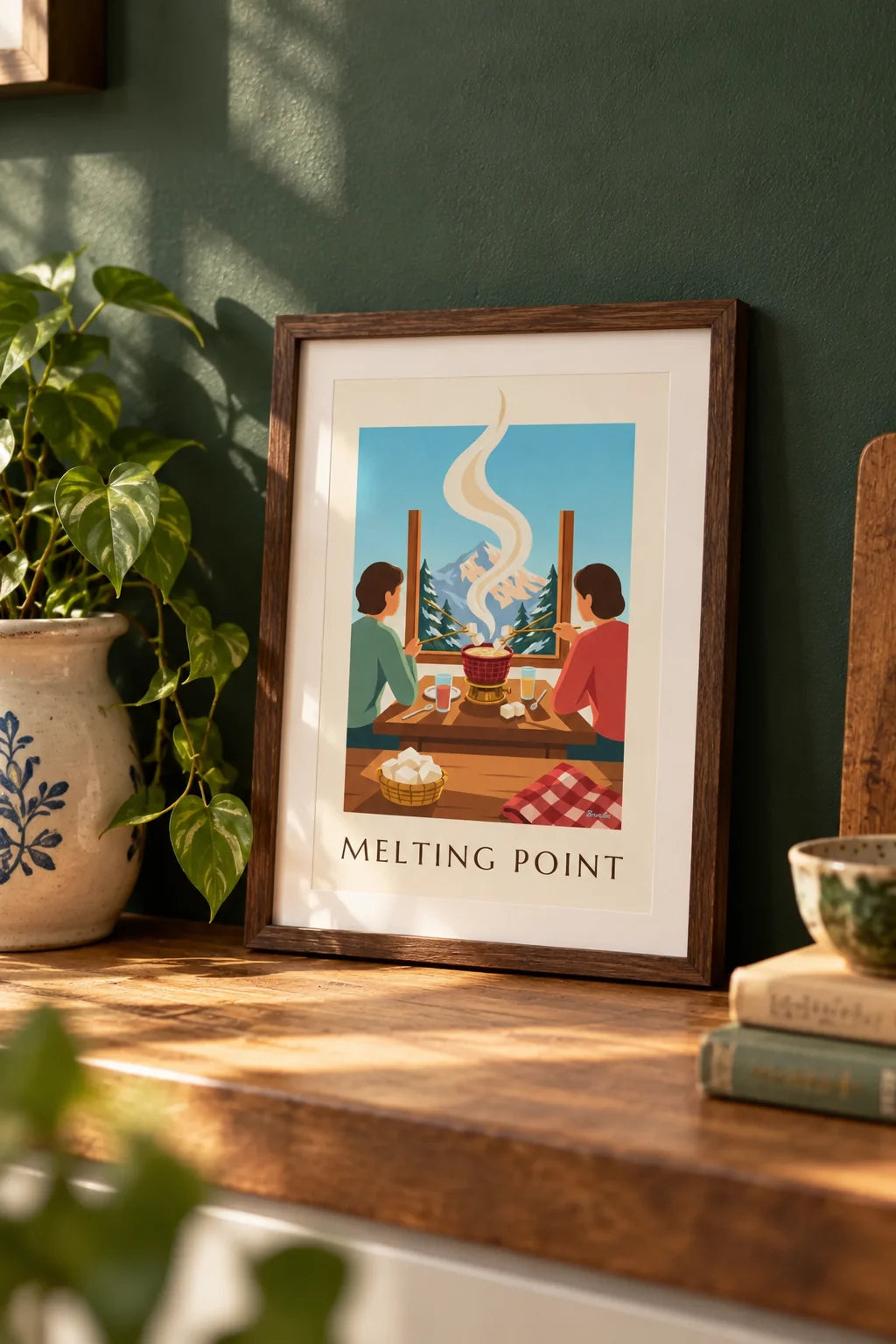Kitchen: Mountain chalet Savoyard cheese fondue poster on the wall
