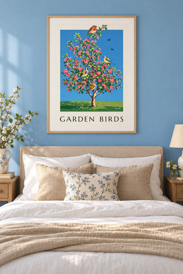 Garden birds on a blossoming apple tree poster : framed on the wall
