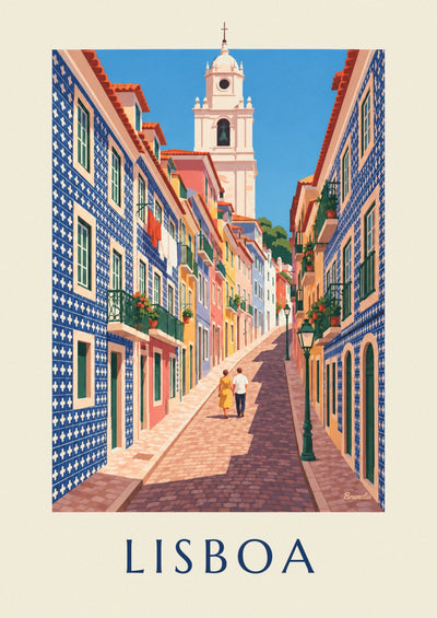 Poster of a Lisbon alley with azulejo-tiled facades: the full poster