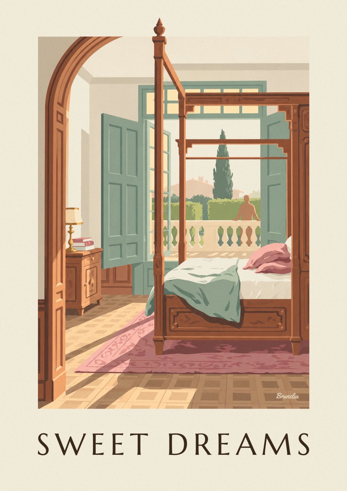 Sunny bedroom antique carved wooden bed poster