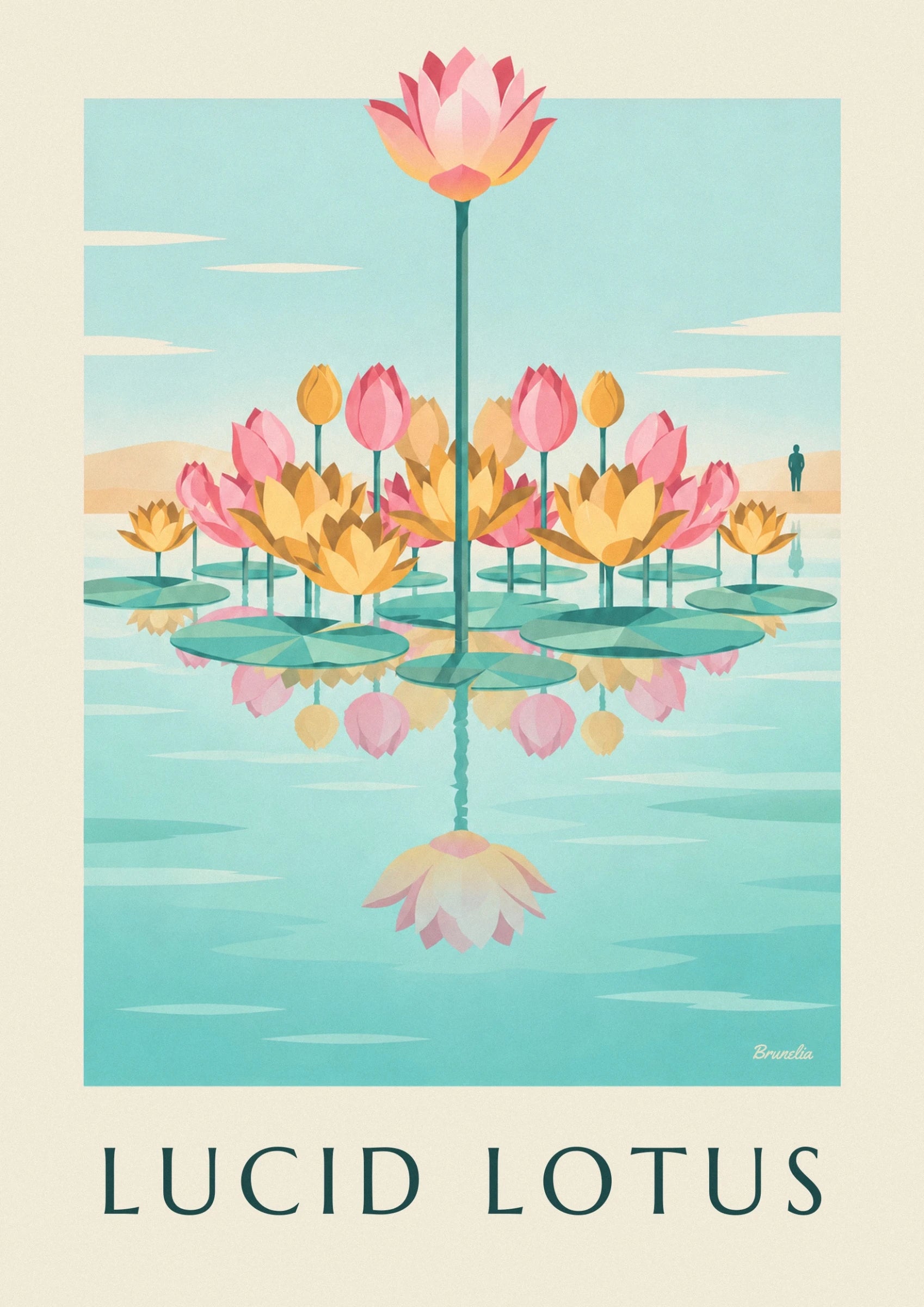 A lotus flower with pink and pale yellow petals on a long green stem