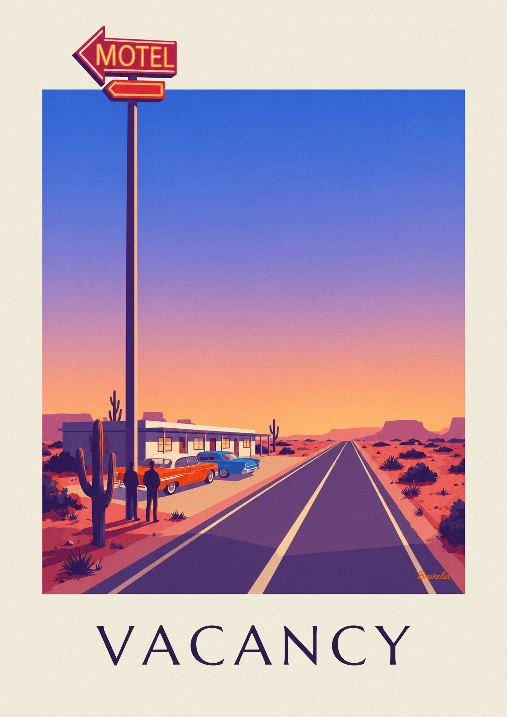 Desert roadside motel neon sign poster: close-up detail