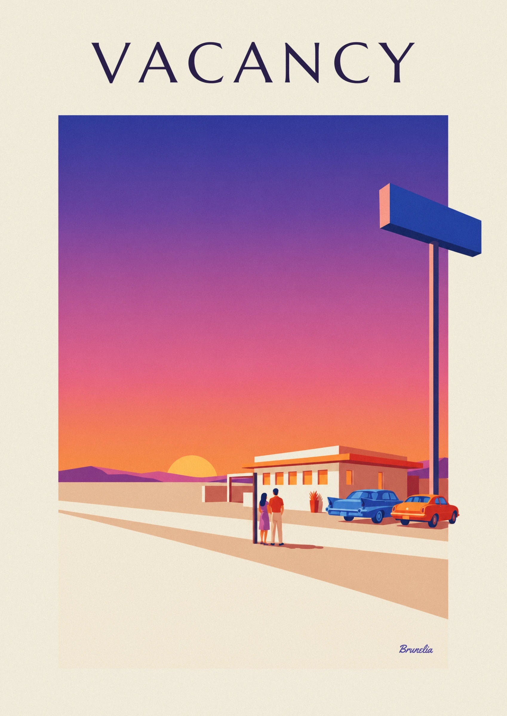 Le couple devant la façade blanche du motel, elle en robe violette, lui en chemise orange