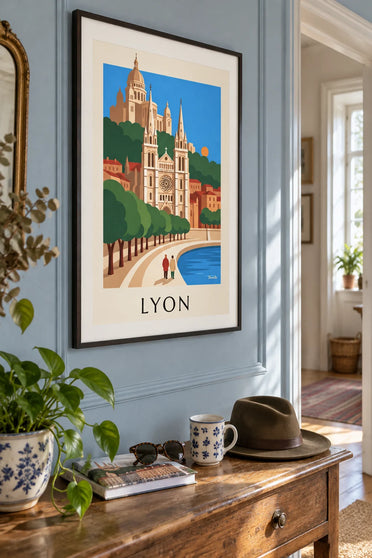 Affiche cathédrale Saint-Jean et quais de Saône à Lyon : encadrée au mur