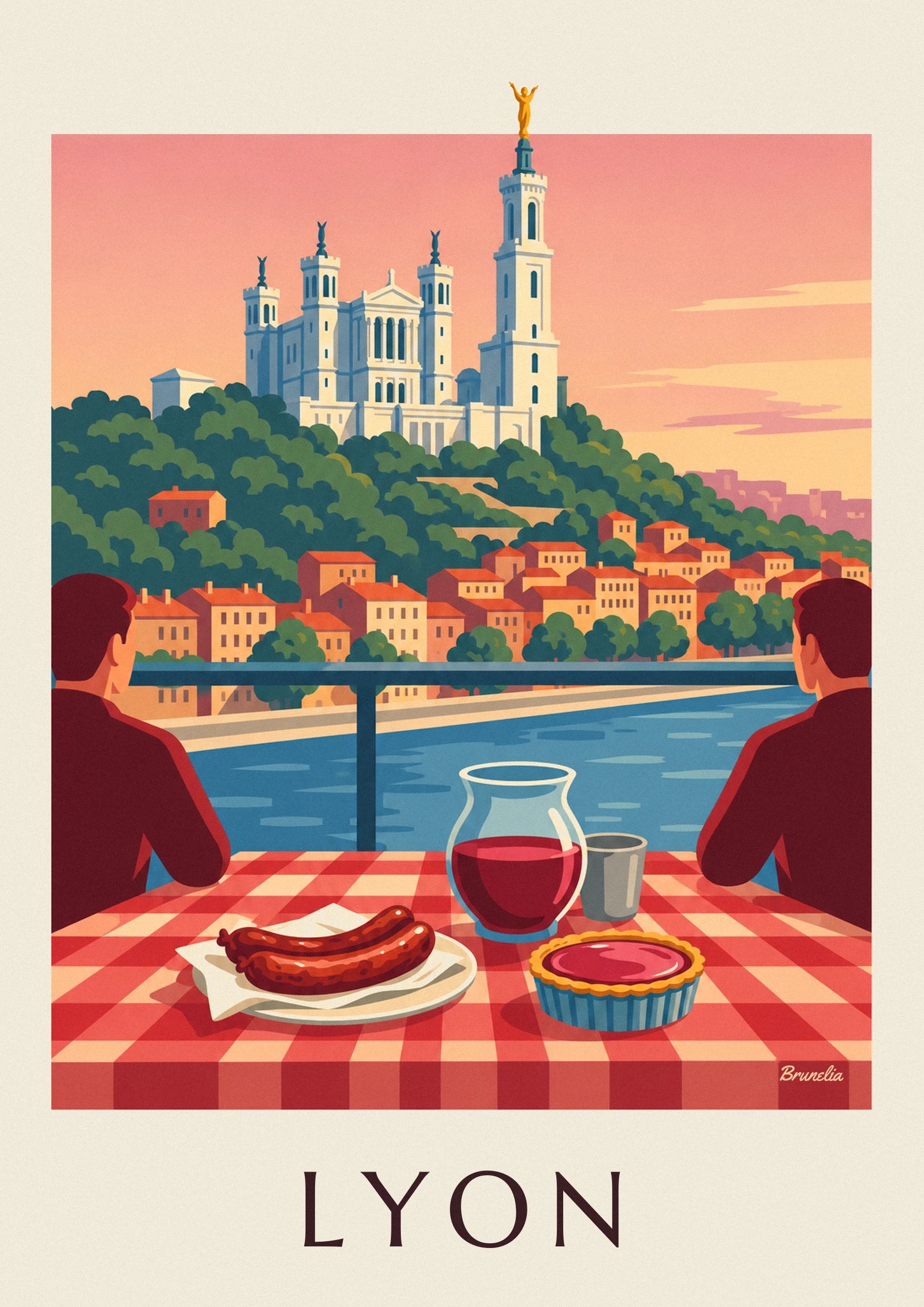 Lyon bouchon restaurant facing the Saône and Fourvière poster: close-up detail